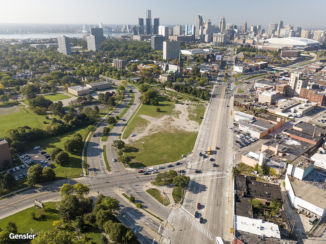 Aerial of land along Gratiot Avenue looking toward downtown Detroit