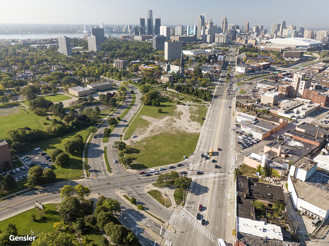 The 5-acre site along Gratiot Ave. south of Eastern Market is a gateway to downtown Detroit. Aerial of land along Gratiot Avenue looking toward downtown Detroit