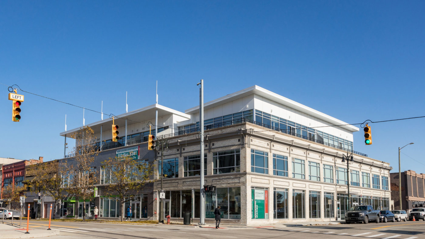 Baltimore Station provides new retail and residential space along Woodward Avenue in New Center. Corner of Baltimore Station along Woodward Avenue in Detroit