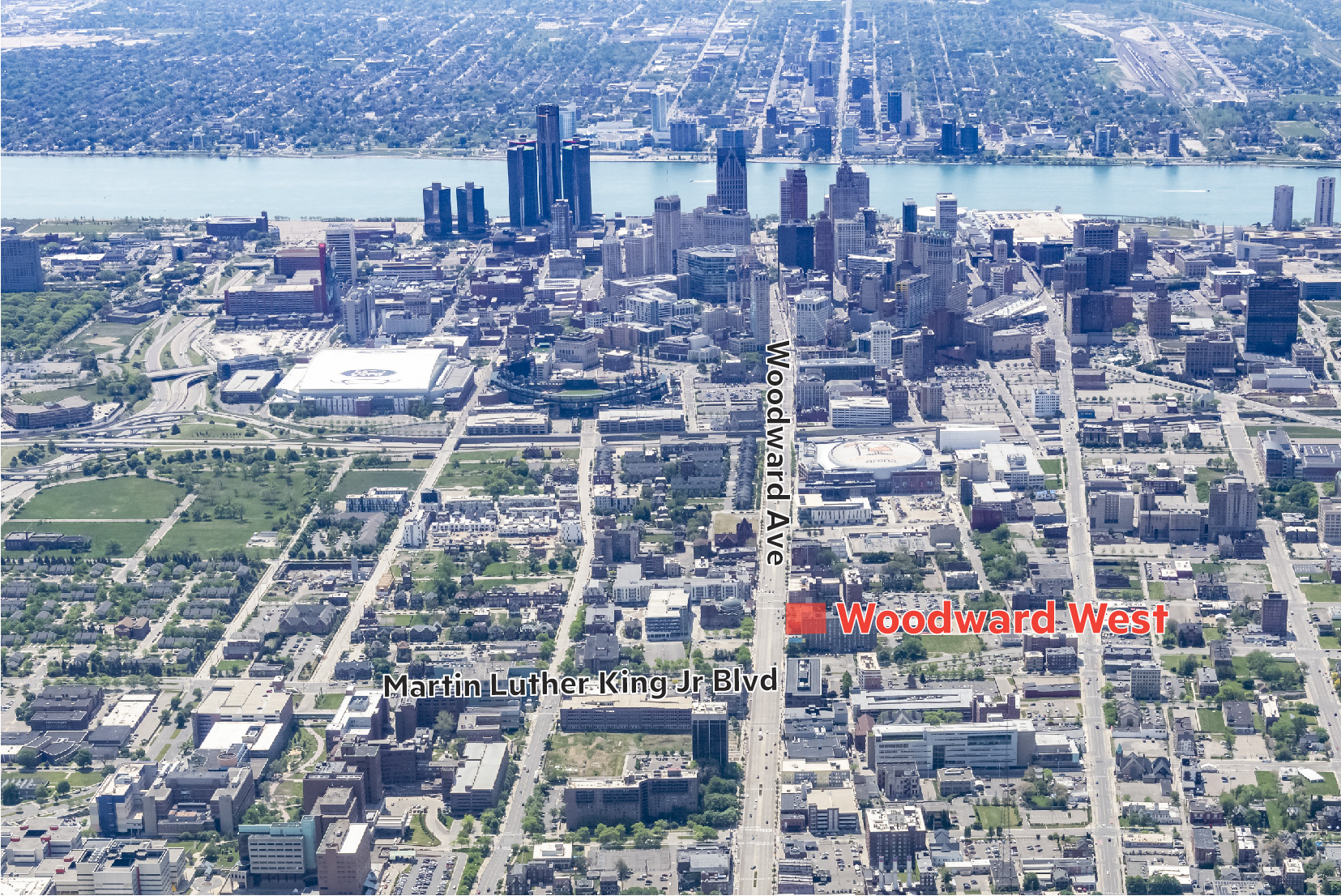 Aerial photo of site in relation to downtown Detroit